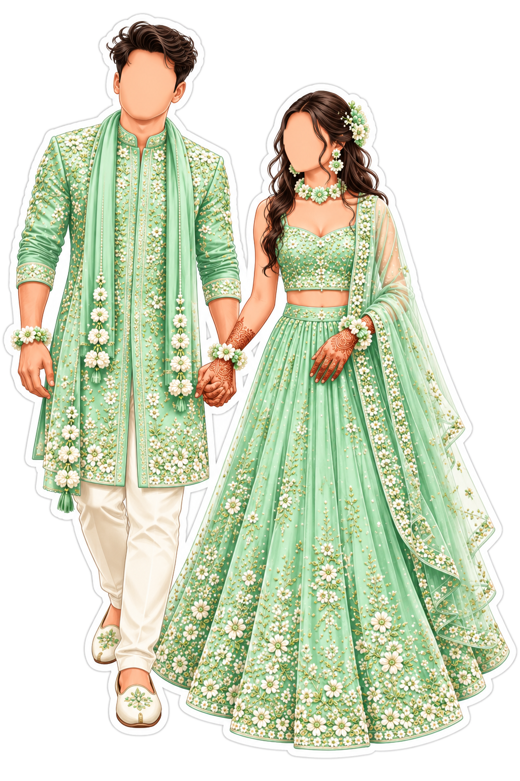 Couple in mint green floral outfits for the Haldi ceremony