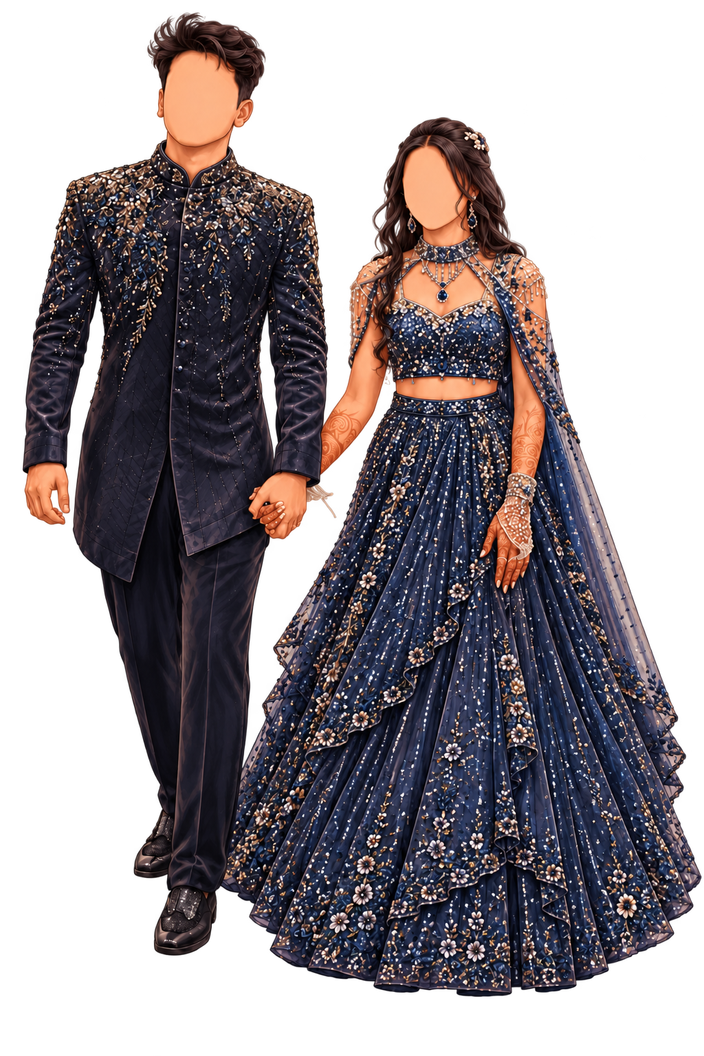 Couple in navy celebration outfits for Sangeet Rajani